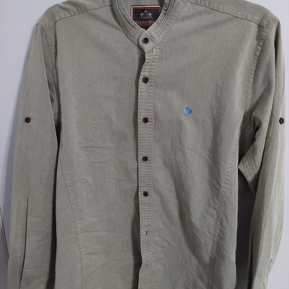 Olive Green Casual Band Collar Button-Down Shirt - Picture 2 of 4